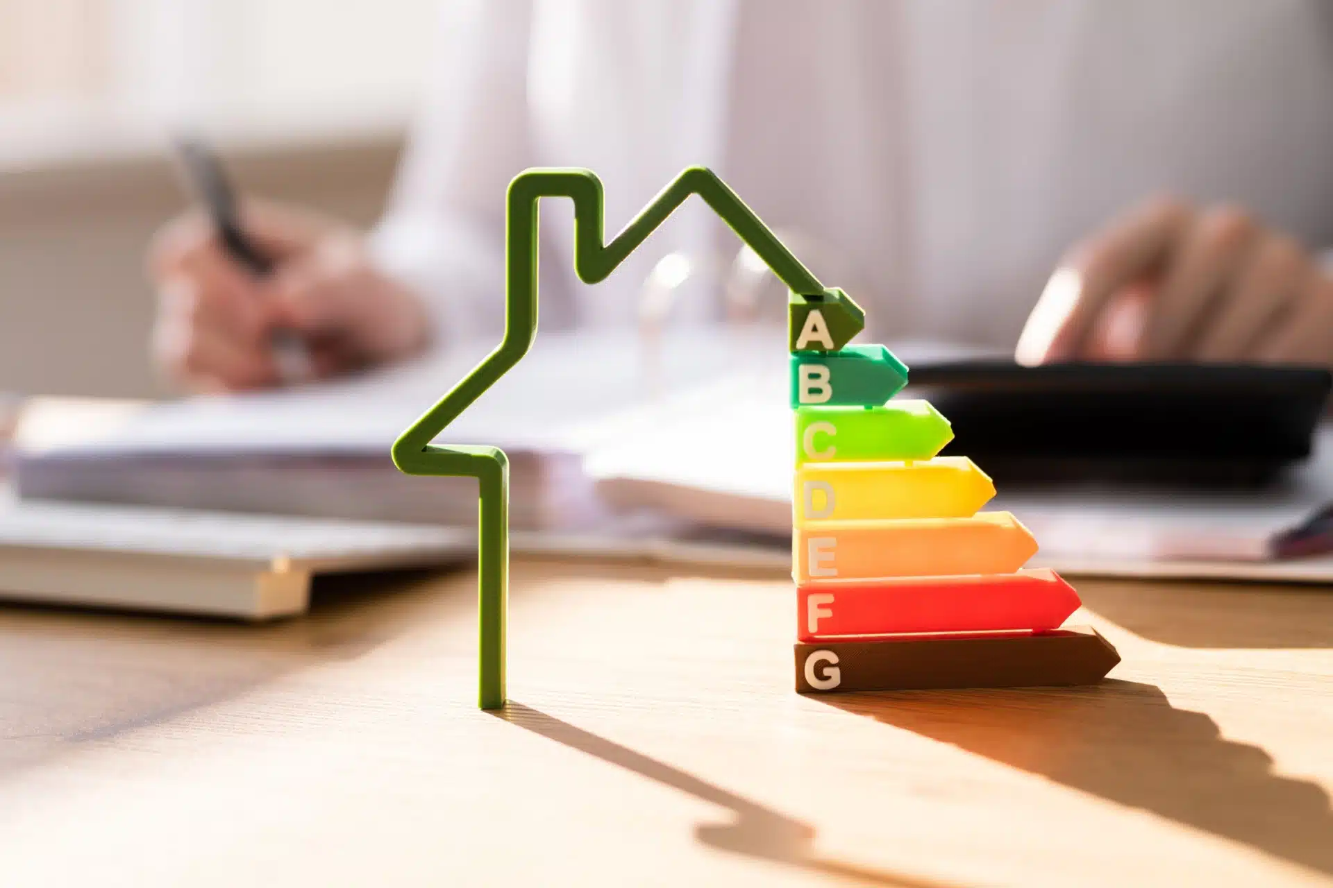 Energirådgiver utfører beregning av energikostnader, i fokus et hus med energimarkeringer